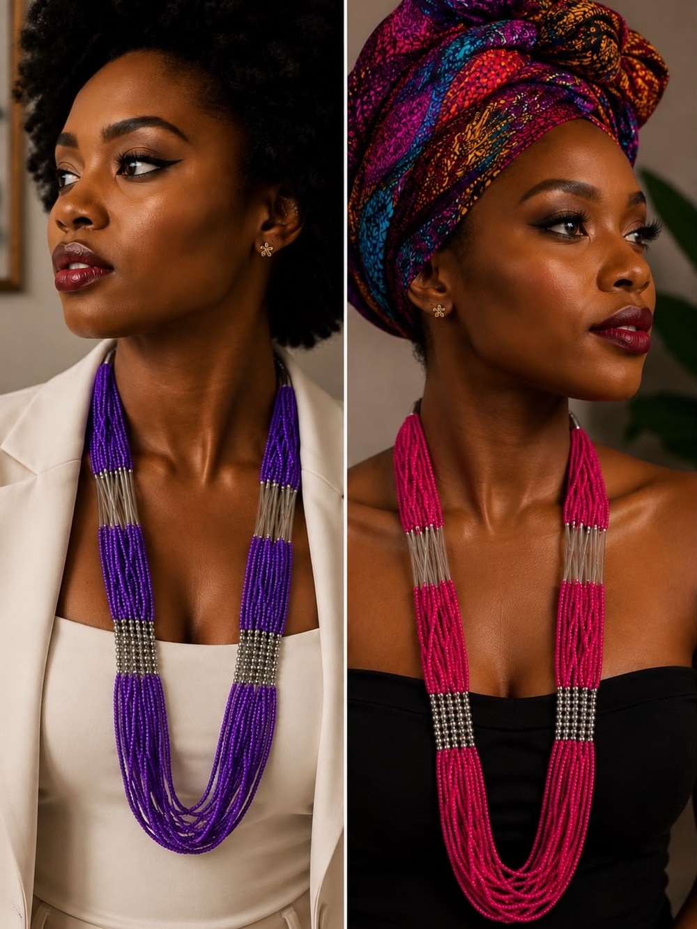 Beaded Multi-Strand Statement Necklaces (2)  in Purple and Pink